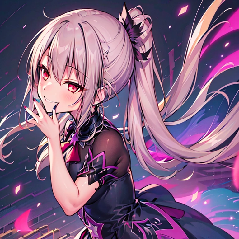 (best quality:1.2), 1 girl, alone, ponytail, star hairpins, black feather hairpin, nail art, vibrant colors, dreamlike lighting, detailed floral background, evil smile