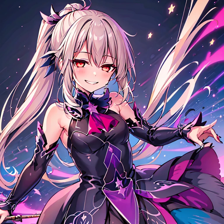 (best quality:1.2), 1 girl, alone, a ponytail, star hairpins, black feather hairpin, nail art, vibrant colors, dreamlike lighting, detailed floral background, evil smile