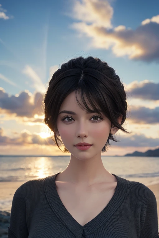 (masterpiece:1.3), (8K, realistic, Raw photo, highest quality: 1.4), (1 girl), beautiful face, (realistic face), (black hair, short hair:1.3), beautiful hairstyle, realistic eyes, detailed and beautiful eyes, (realistic skin), beautiful skin, (sweater), disorganized, Charm, ultra high resolution, surreal, very detailed, golden ratio,topless,My chest is rubbed