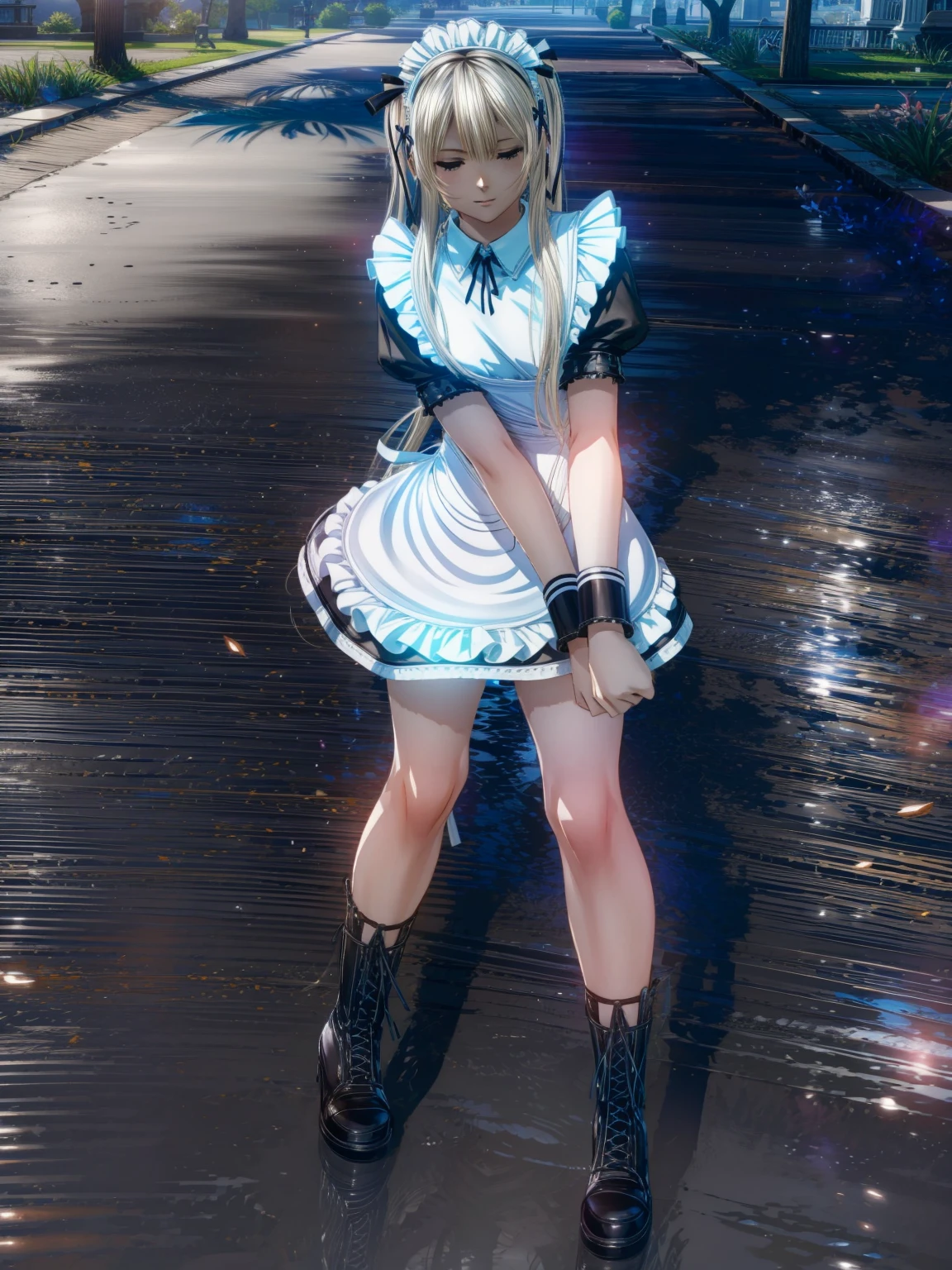 (perfect anatomy:1.2, highest quality),(Detailed maid leotard:1.6),1girl,marie rose,solo,long hair:1.5, (short sleeves, Thighs,maid cuffs),,hypnoLora, empty eyes,high heel lace-up boots boots, dark aura,leotrad,full body,from the front