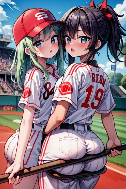  2 ragazze diverse viste da dietro,ass support,guardandole da dietro,grande culo,grandi tette ,samurai,felice di stare con te,enorme culo,enormi tette,ultra-highres, ultra-detailed, best quality,perfect hands,2 ragazze,baseball bat, baseball uniform, holding baseball bat,