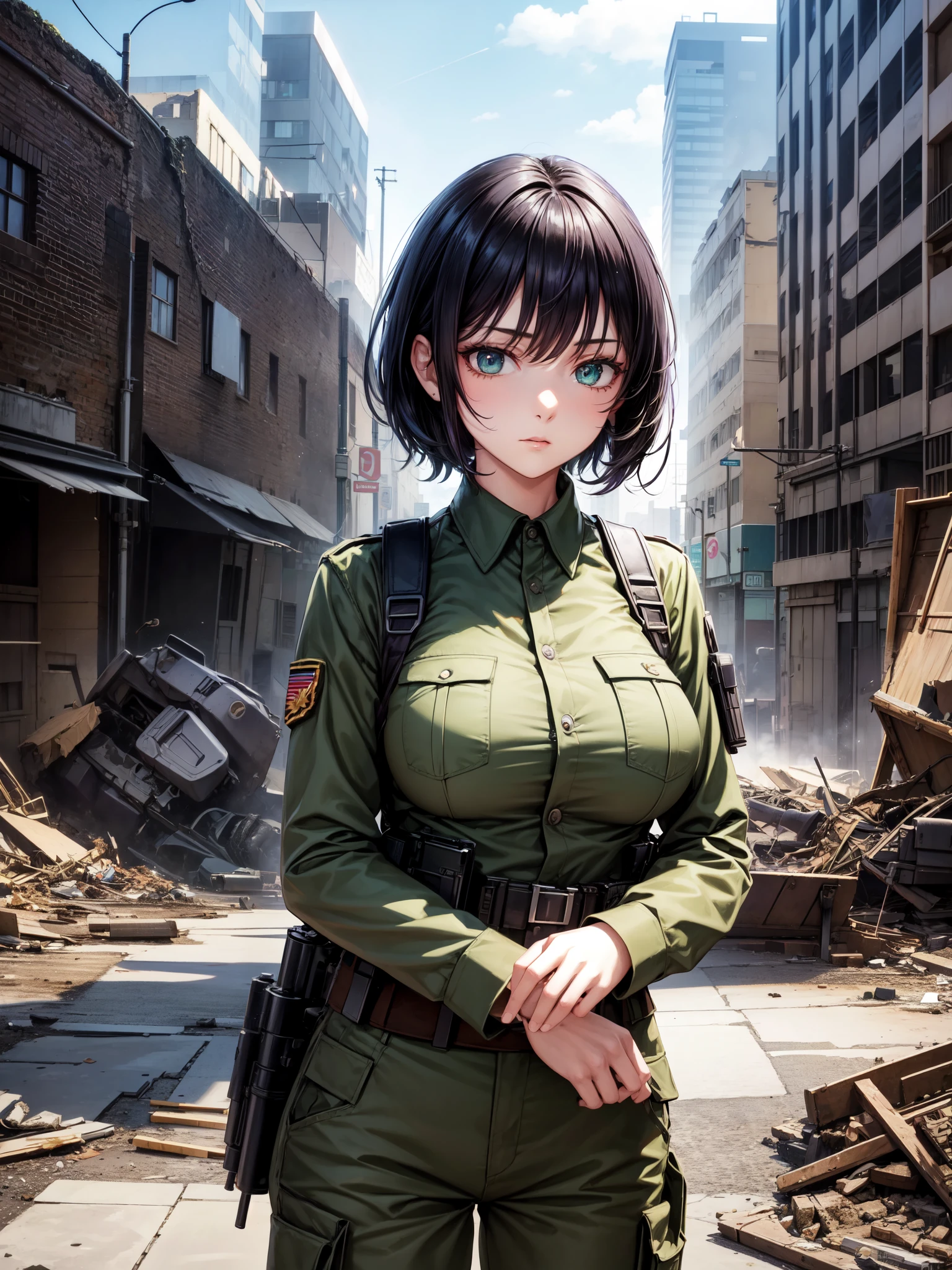 illustration, ((best work)), ((very detailed))l, beautiful woman, short black hair (purple:1.2), green eyes, medium breasts, army uniform, trousers, army equipment, m_16 machine gun, machine no real , perfect body anatomy, big thighs, background, post war, broken roads, collapsed buildings, complicated, ultra hd, highly detailed, realistic, 8k resolution