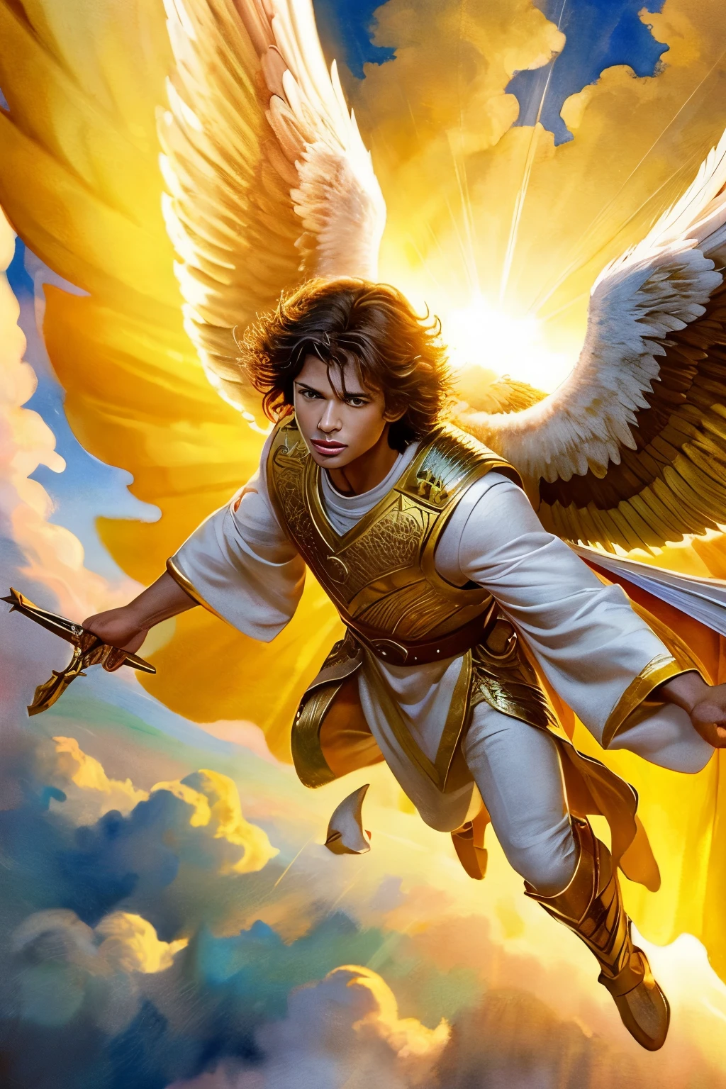 Archangel Michael Flying in the Golden Sky of the Kingdom of God, hall々The wings open wide, Emitting a sacred light, And below that, A skyscape of white cotton-like clouds. The main focus is on Miguel&#39;s calm and powerful face., He gazed lovingly upon the divine beings who inhabited that realm.. The execution is watercolor, With soft brushstrokes and elegant colors, Capturing peace and majesty,  close up of face