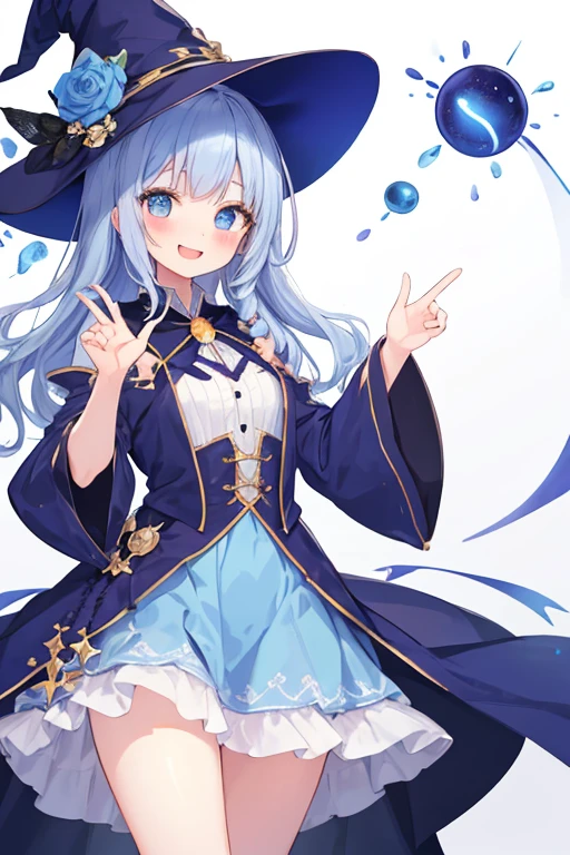beautiful illustrations, highest quality, pretty girl,beautiful girl、clear face、 half girl、pastel colour 、smile、blush、にこやかなsmile、thighs、perfect hands、five fingers、witch、magic、fantasy、fantasy、blue hair、perm
