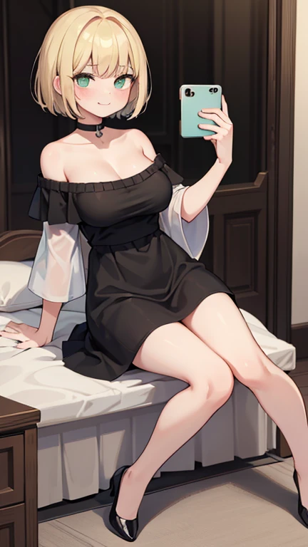 ((highest quality)), ((masterpiece)), (become familiar with), perfect face,blonde,short hair,grated bangs,eyes without highlights,Desaturated dark green eyes,Drooping eyes,grinning,look down,black choker,tall,big breasts,Rubbing your chest with selfie,off shoulder knit,black panties,black pumps,slender,19 years old,Show the whole body,Reflection to the toes,Bedroom,