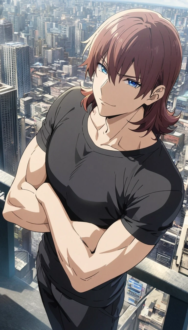 (Young guy), ((handsome)), 1guy, strong and tall, (solo), (red medium hair:1.1), (blue eyes:1.1), ((eyes details)), fit body, black sweater, anime hight quality, masterpiece, city background, High quality wallpaper, crossed arms, from above, looking at viewer, little smile