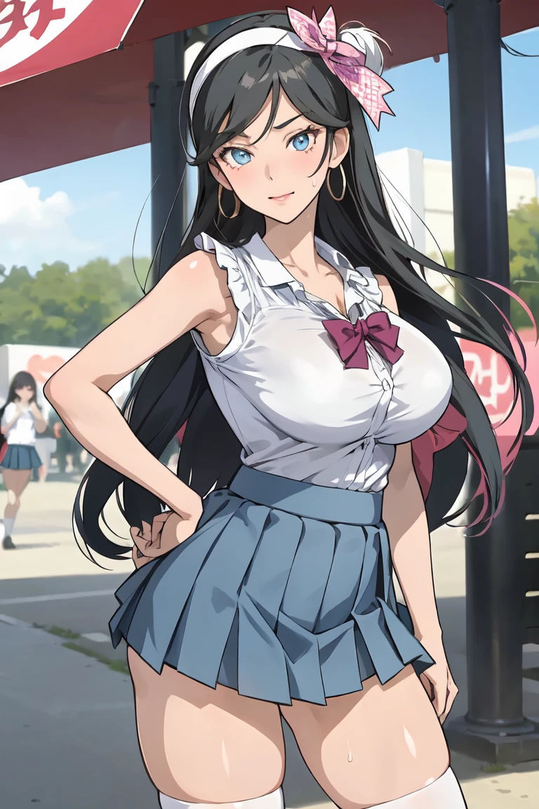 masterpiece, best quality, kumashiro maya, 1girl, solo, (skirt lift:1.2), breasts, cleavage, long hair, white headband, parted bangs, blue eyes, looking at viewer, sweat, large breasts, flashy gyaru, happy, showy,too many accessories, colorful , kogal, kogal gyaru, idol, (school festival frilled costume:1.3),(mini skirt:1.3),zettai ryouiki,bow tie,hair ribbon,large breast,(button gap:1.1),sleeveless,cuffs,tights
