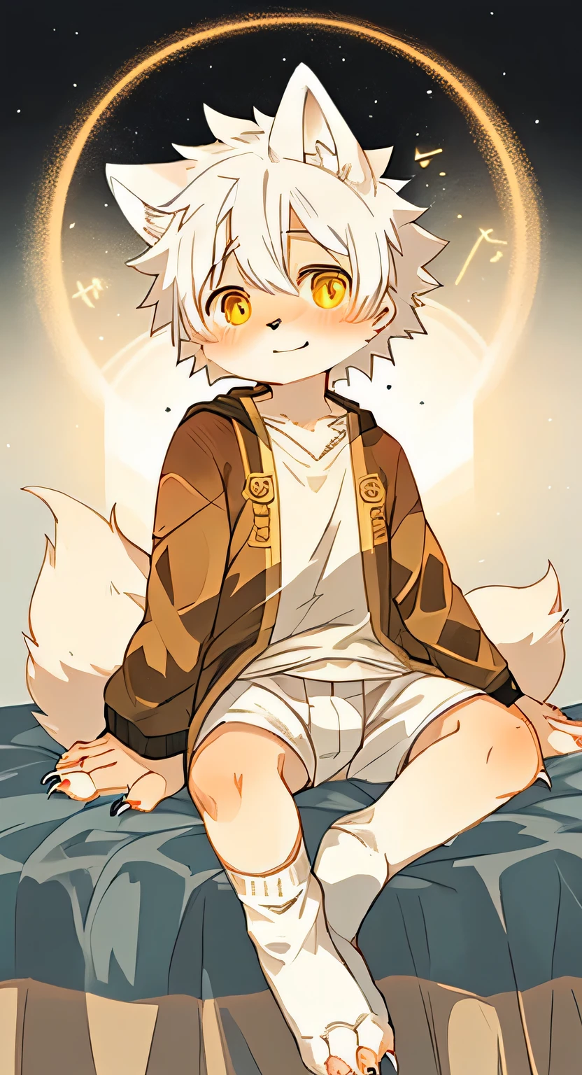 unique,Kanno,white fox,male,hairy,best quality,boy,Shota,Humanity,claws,hairy tail,Golden Sun Rune,cute,Sparkling golden eyes,sitting on bed,white socks