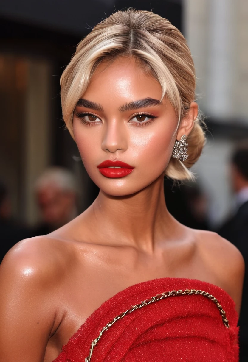 ((best quality)), ((masterpiece)), (detailed), perfect face, Brazilian model, blonde hair, haute couture, red carpet, Red Dior dress, Chanel Le boy handbag, dark tanned skin