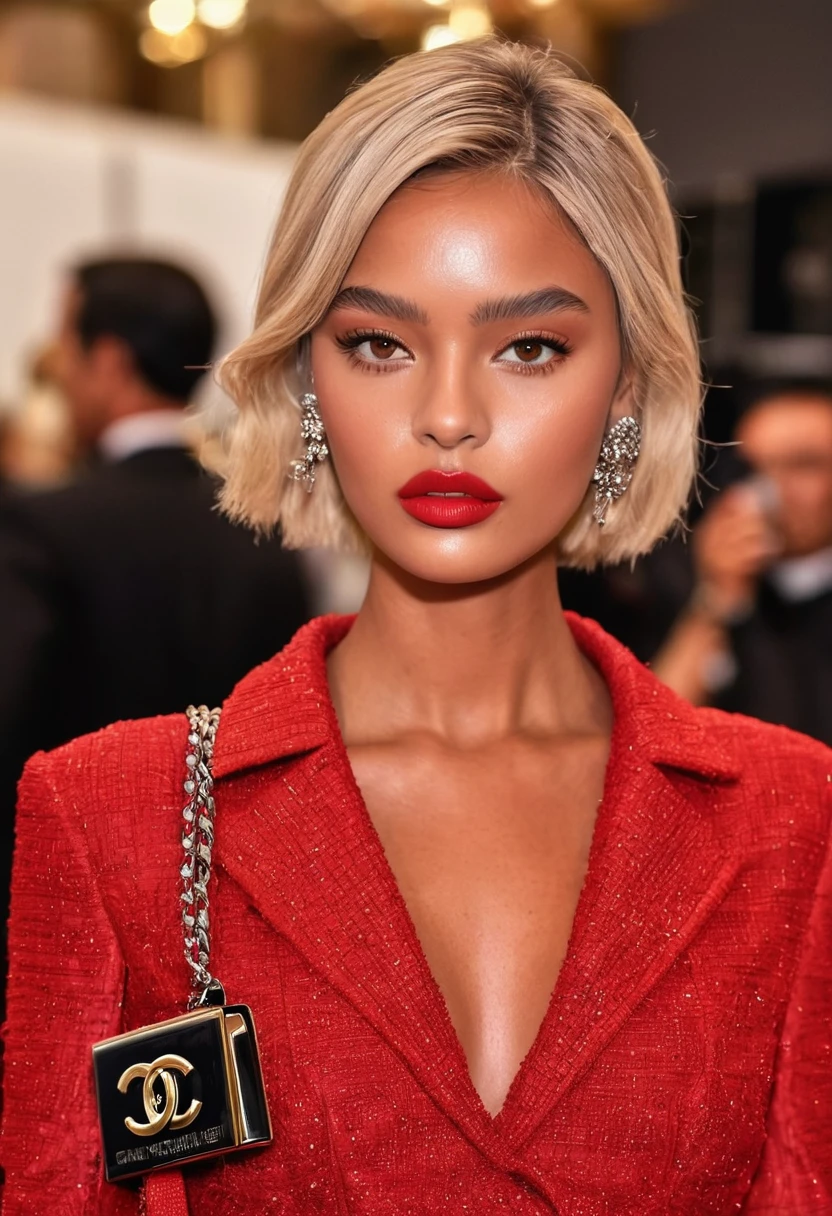 ((best quality)), ((masterpiece)), (detailed), perfect face, Brazilian model, blonde hair, haute couture, red carpet, Red Dior dress, Chanel Le boy handbag, dark tanned skin