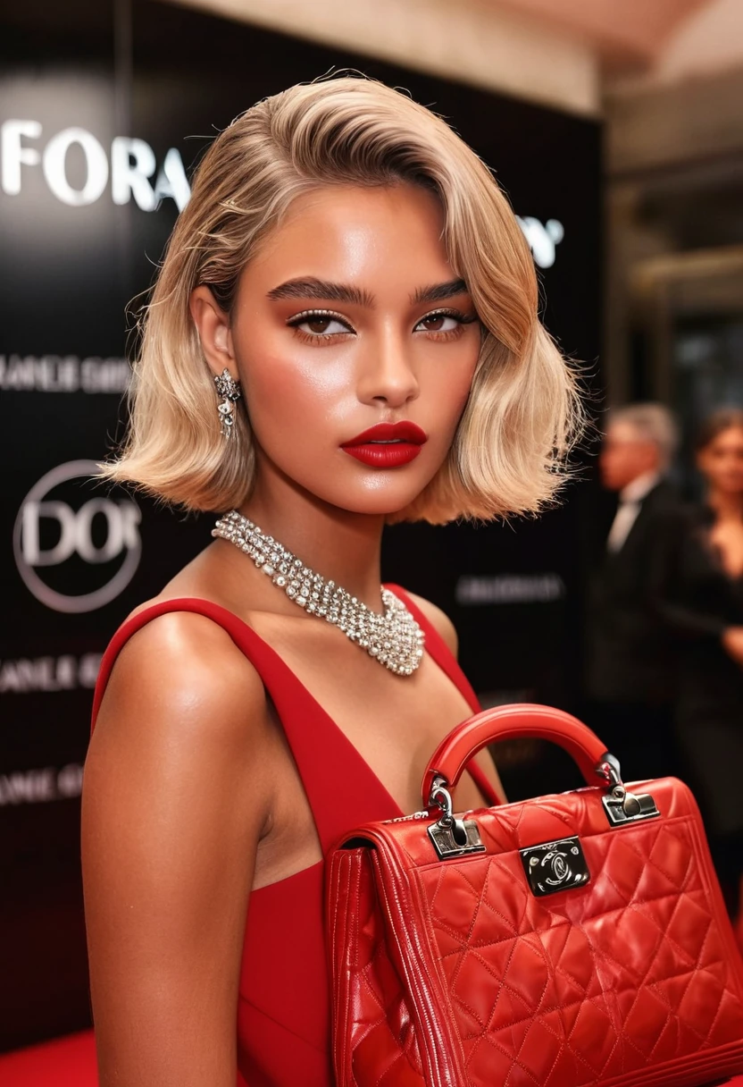 ((best quality)), ((masterpiece)), (detailed), perfect face, Brazilian model, blonde hair, haute couture, red carpet, Red Dior dress, Chanel Le boy handbag, dark tanned skin