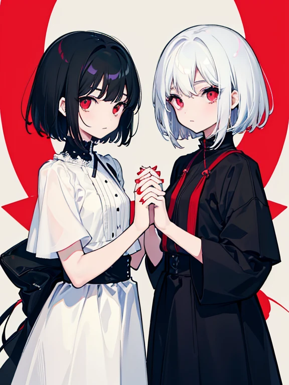 two women、short hair、Girl with black hair and black eyes、girl with white hair and red eyes、hold hands