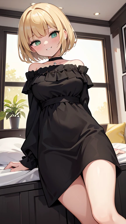((highest quality)), ((masterpiece)), (become familiar with), perfect face,blonde,short hair,grated bangs,eyes without highlights,Desaturated dark green eyes,Drooping eyes,grinning,look down,black choker,tall,big breasts,Rubbing your chest with selfie,off shoulder knit,black panties,black pumps,slender,19 years old,Show the whole body,Reflection to the toes,Bedroom,
