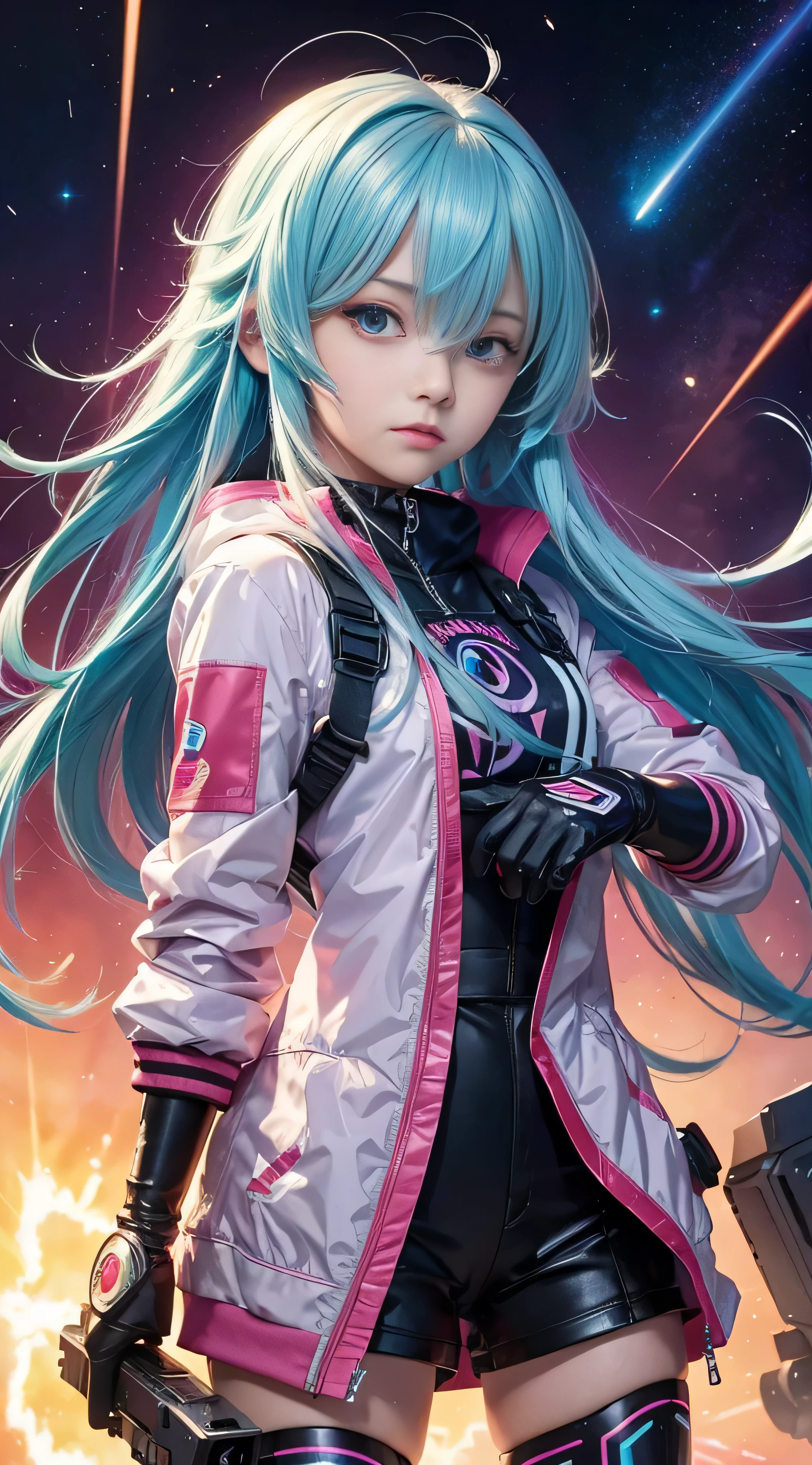 RAW image quality, One super cute girl is wearing a pink jacket armor, mechanical wing, space war background, Rainbow Aura Body, supernova power, light blue hair, red eyes, perfect body, sexy, neon glow, Shooting Beam Cannon, sad mood, very detailed, combat readiness, mecha musume, fine eyes, detailed face, anime Art, anime Style, anime.