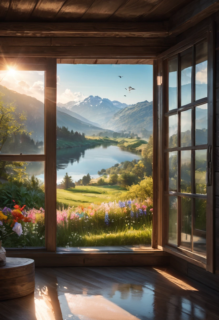 1girl, The View Outside the Window, (4k,8k,highres,:1.2),ultra-detailed,(realistic,photorealistic,photo-realistic:1.37),indoor view,window view,outside scene,outdoor scenery,breathtaking landscape,panoramic view,serene atmosphere,clear blue sky,rolling hills,green meadows,colorful flowers,trees swaying in the wind,sun shining brightly,golden sunlight streaming in through the window,glimmering lake in the distance,crystal-clear water,reflection of the sky on the water surface,lush forests,majestic mountains on the horizon,peaceful countryside,tranquil setting,quiet ambiance,gentle breeze rustling the leaves,morning mist over the fields,tiny birds chirping,soft rays of sunlight illuminating the room,nature's beauty at your doorstep,serenity of the outside world,boundless beauty right outside the window . masterpiece, best quality, very aesthetic, absurdres, aesthetic