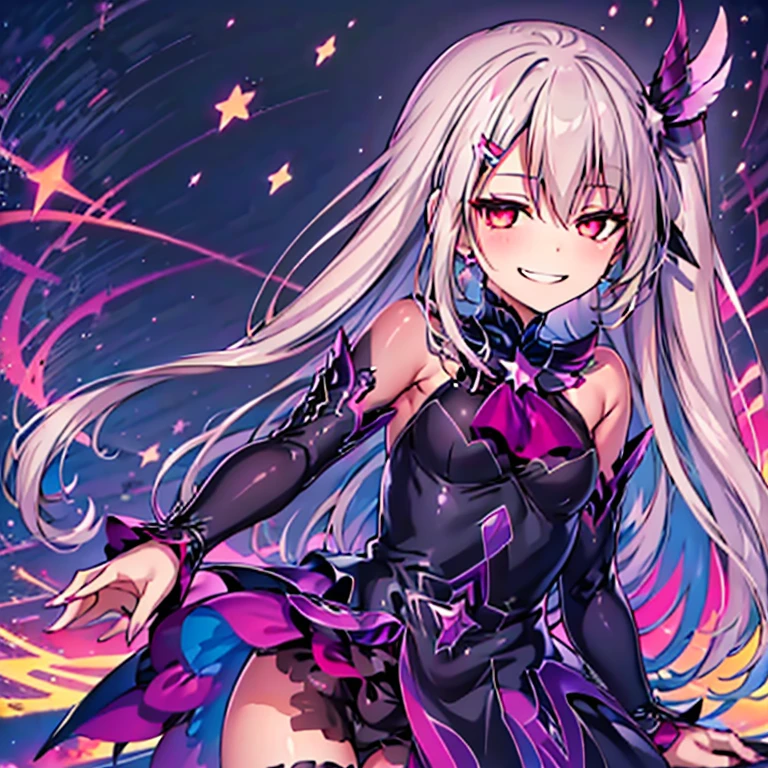 (best quality:1.2), 1 girl, vibrant colors, dreamlike lighting, detailed floral background, evil smile, alone, ponytail, star hairpins, black feather hairpin, nail art