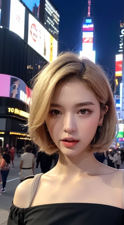 ((Night Scene, Realistic Light, Best Quality, 8k, Masterpiece: 1.3)), 1 Girl, Slim Body Beauty: 1.4, Blonde, Short Hair, (Big: 1.3), Off Shoulder Cut Top: 1.3, Ultra Detailed Face, Detailed Eyes, Double Eyelids, NYC, Times Square, Cleavage