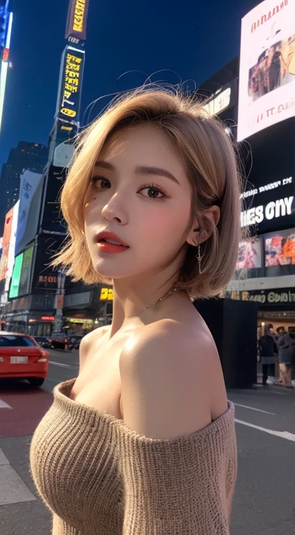 ((Night Scene, Realistic Light, Best Quality, 8k, Masterpiece: 1.3)), 1 Girl, Slim Body Beauty: 1.4, Blonde, Short Hair, (Big: 1.3), Off Shoulder Cut Top: 1.3, Ultra Detailed Face, Detailed Eyes, Double Eyelids, NYC, Times Square, Cleavage