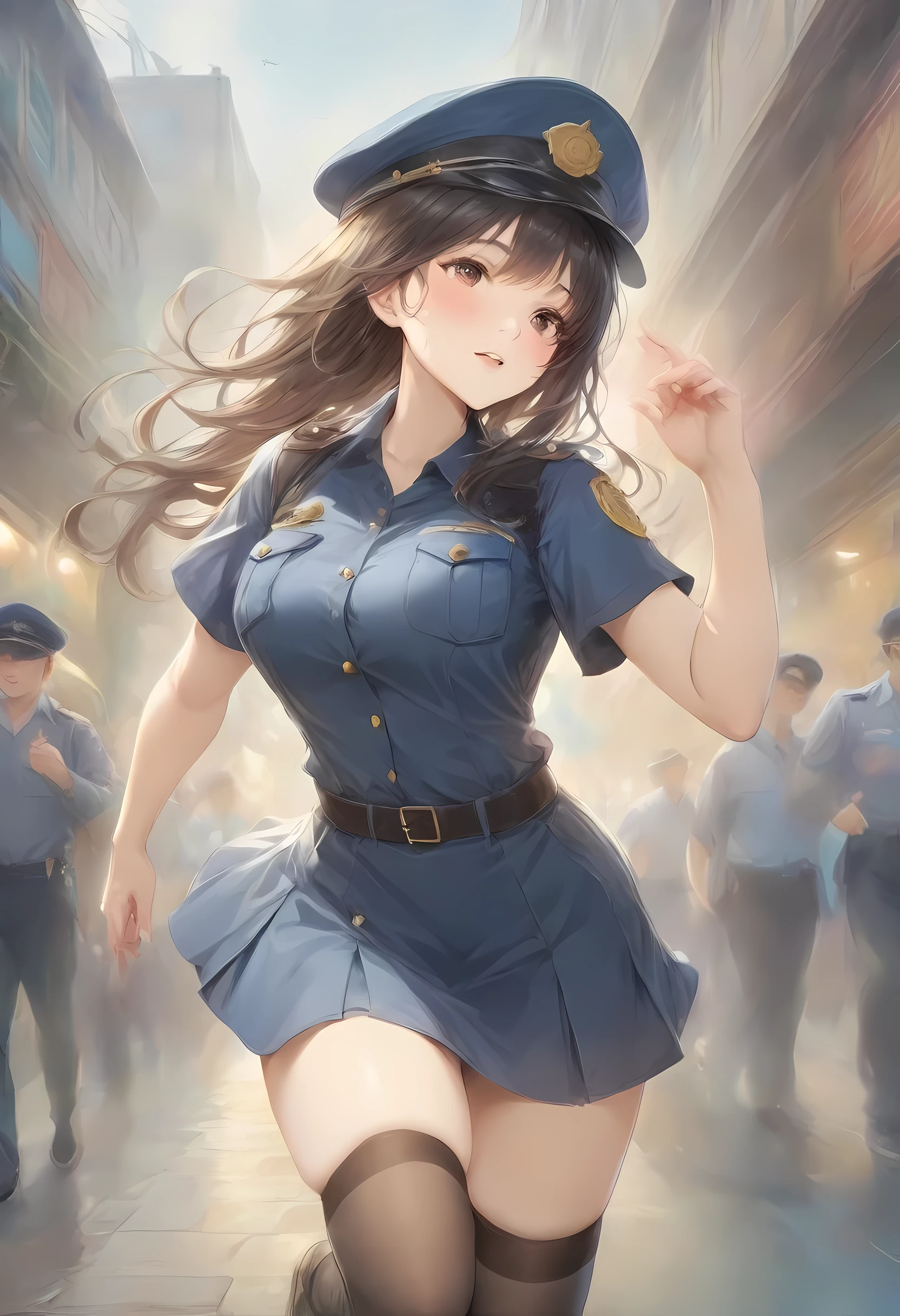 masterpiece, best quality, very aesthetic, absurdres, full body shot,(police costume:1.3), (button gap:0), police skirt, police cap, stockings with garter, on the crowed street, spirit of the wind, 1girl, inoue takina, lycoris recoil