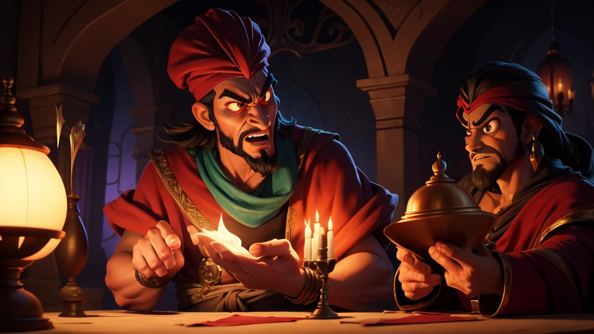 Jafar plotting to steal the lamp, his face twisted with jealousy and rage