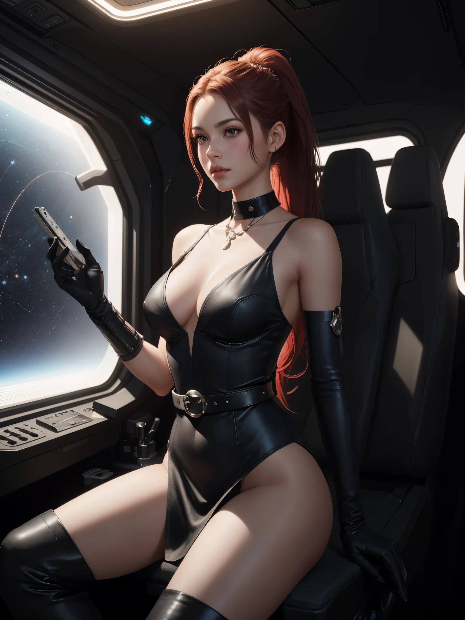 a girl sitting in space ship cockpit, BREAK, 1girl, modern space age theme, very long red ponytail hair, tight mini dress, thigh, thigh high heel boots, glove, detailed face, cute head band set, red blush, shoulder pad, control panel belt, waist shot, intricate, slender face, elegant, wearing sapphire necklace, sensual night gown, facing camera, highly detailed, digital painting, artstation, concept art, smooth, sharp focus, illustration, art by artgerm and greg rutkowski and alphonse mucha, 8k, volumetric fog, bloom, light rays, lumen, cranked bokeh, facing front, front view, adorable, youthful, juvenile, stunning, unreal beauty, fresh, 