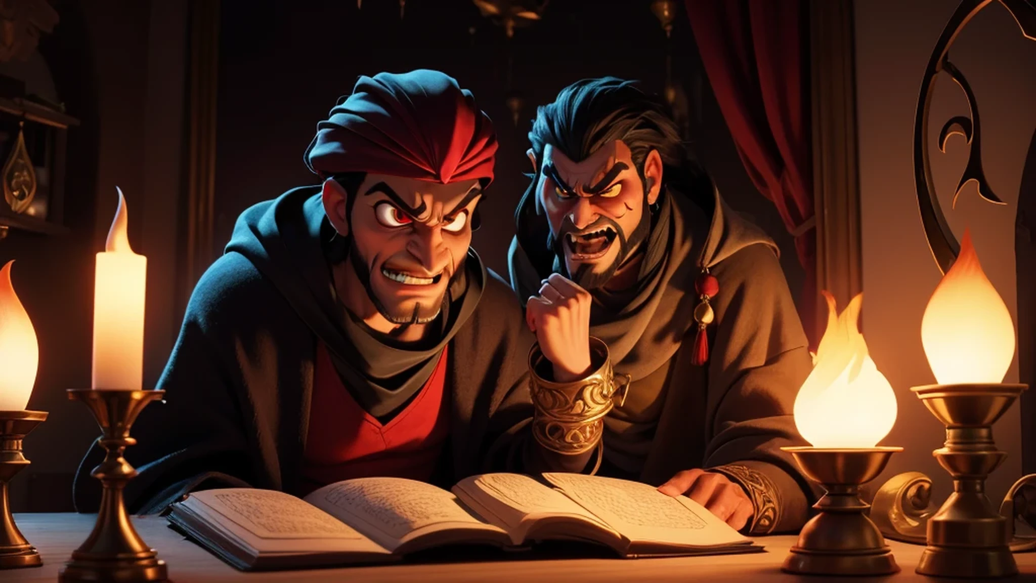 Jafar plotting to steal the lamp, his face twisted with jealousy and rage