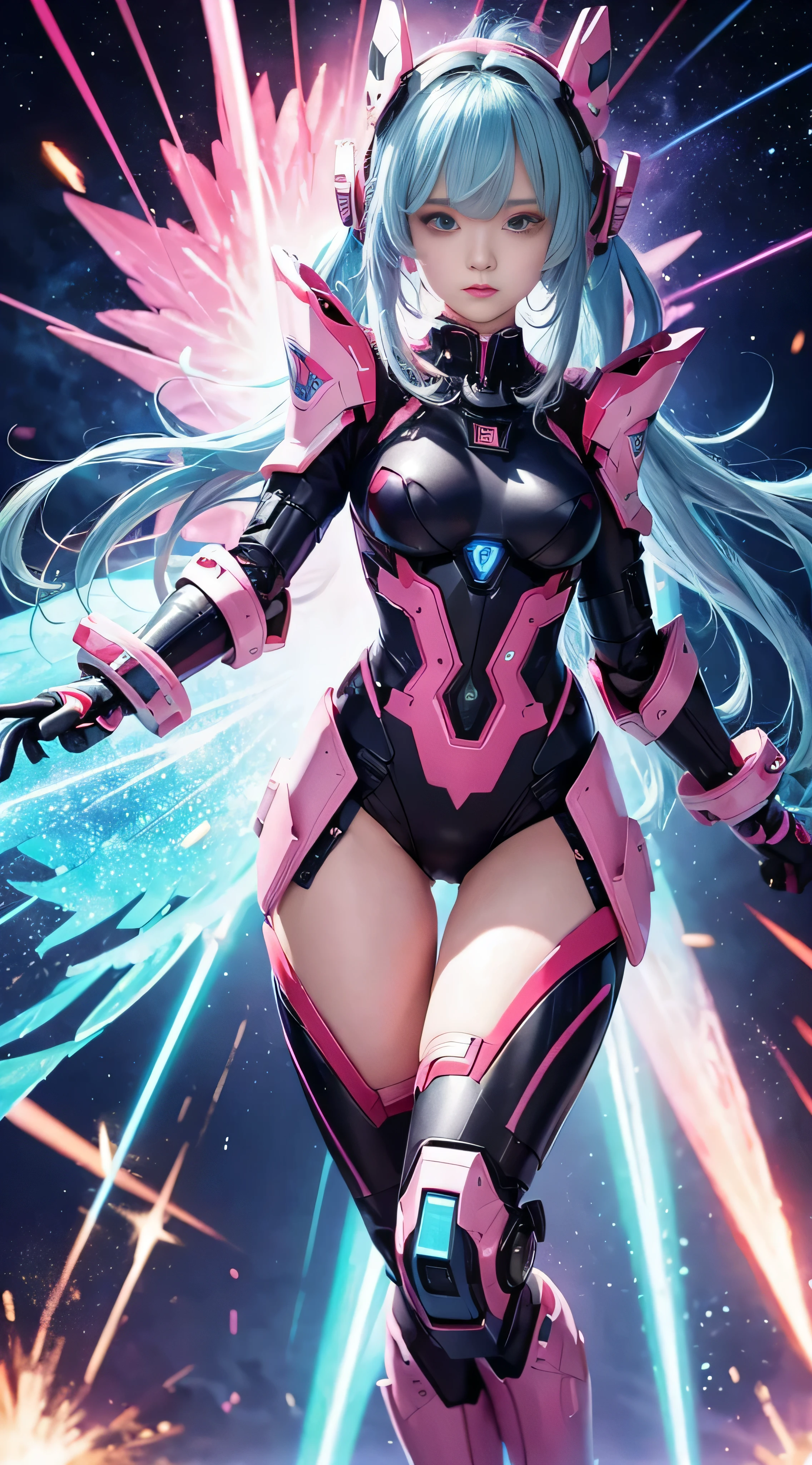 RAW image quality, One super cute girl is wearing a pink jacket armor, mechanical wing, space war background, Rainbow Aura Body, supernova power, light blue hair, red eyes, perfect body, sexy, neon glow, Shooting Beam Cannon, sad mood, very detailed, combat readiness, mecha musume, fine eyes, detailed face,