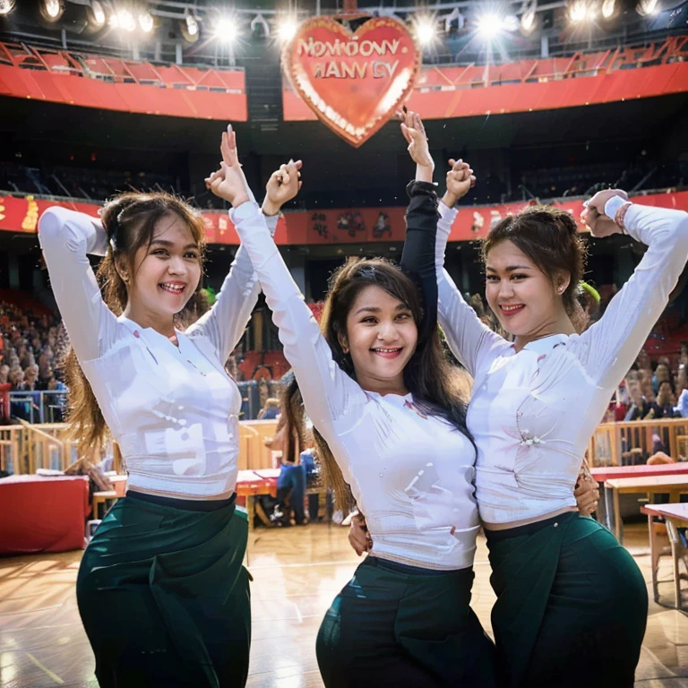 3 teachers dancing in front of students, school assembly festival, lively atmosphere, energetic movements, upbeat music, colorful costumes, enthusiastic audience, happy faces, cheering and clapping, exciting performance, joyful celebration, vibrant stage lights, festive decorations, unforgettable experience, memorable event, (best quality, highres, ultra-detailed, realistic:1.37), dynamic poses, visually stunning, professional dance routines, inspiring and motivating, fun-filled atmosphere, united and synchronized movements, impressive choreography, cheerful ambiance, entertainment for all ages, positive energy, creative expression, boundless talent and passion, enjoyment and laughter, inspiring the students with their performance, showing the beauty of teamwork and coordination, expressing their love for dance, creating lasting memories for everyone.