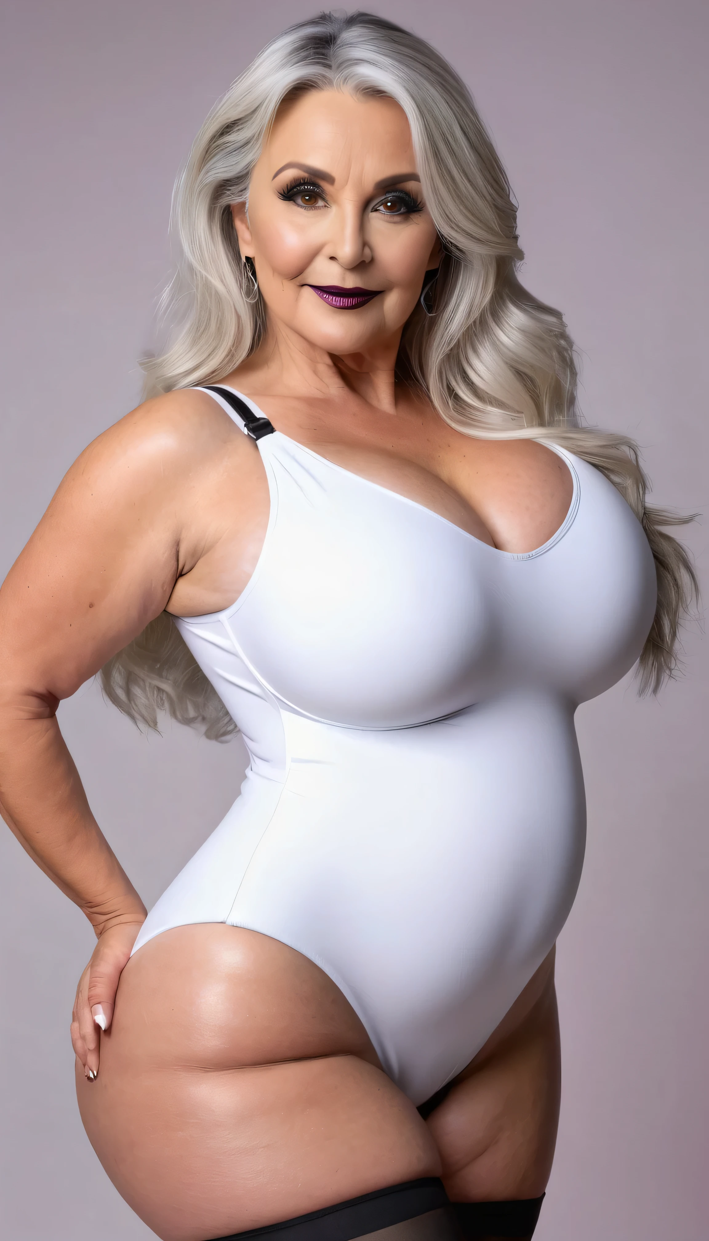 ((highest quality、8K、masterpiece:1.3)), dark white leotard swimsuit, very plump body, sensual body, plus size women, attractive plus size model, gothic makeup, pregnant woman, Long straight blonde(Front Up)Portrait of a 55 year old woman with curly hair, mature body,cyber punk, (full body:1.1), Thighhighs, cleavage, perfect eyes, perfect face ,(gradient background:1.2), dark white leotard swimsuit, 55 year old woman, Mature Teacher, sexy smile, very plump body, sensual body,pregnant woman, pregnant woman, very plump body, gothic makeup, very plump body, sensual body,pregnant woman, pregnant woman, very plump body, 