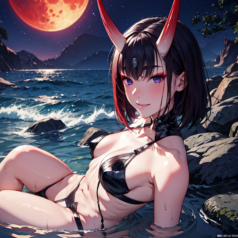 high resolution,masterpiece,best quality,8k,extra limbs,missing limb,extra digit,missing digit,fused fingers,mutanted hands and fingers,1girl,full body,looking at viewer,red moon night,(megami magazine),pale skin fighter,dark purple short hair,dark purple eyes,seductive smile,small breasts,small nipples,demon horn ears,,clothed reclining,sea,sweat,wet,