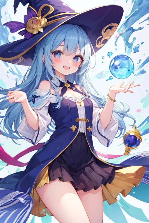 beautiful illustrations, highest quality, pretty girl,beautiful girl、clear face、 half girl、pastel colour 、smile、blush、にこやかなsmile、thighs、perfect hands、five fingers、witch、magic、fantasy、fantasy、blue hair、perm