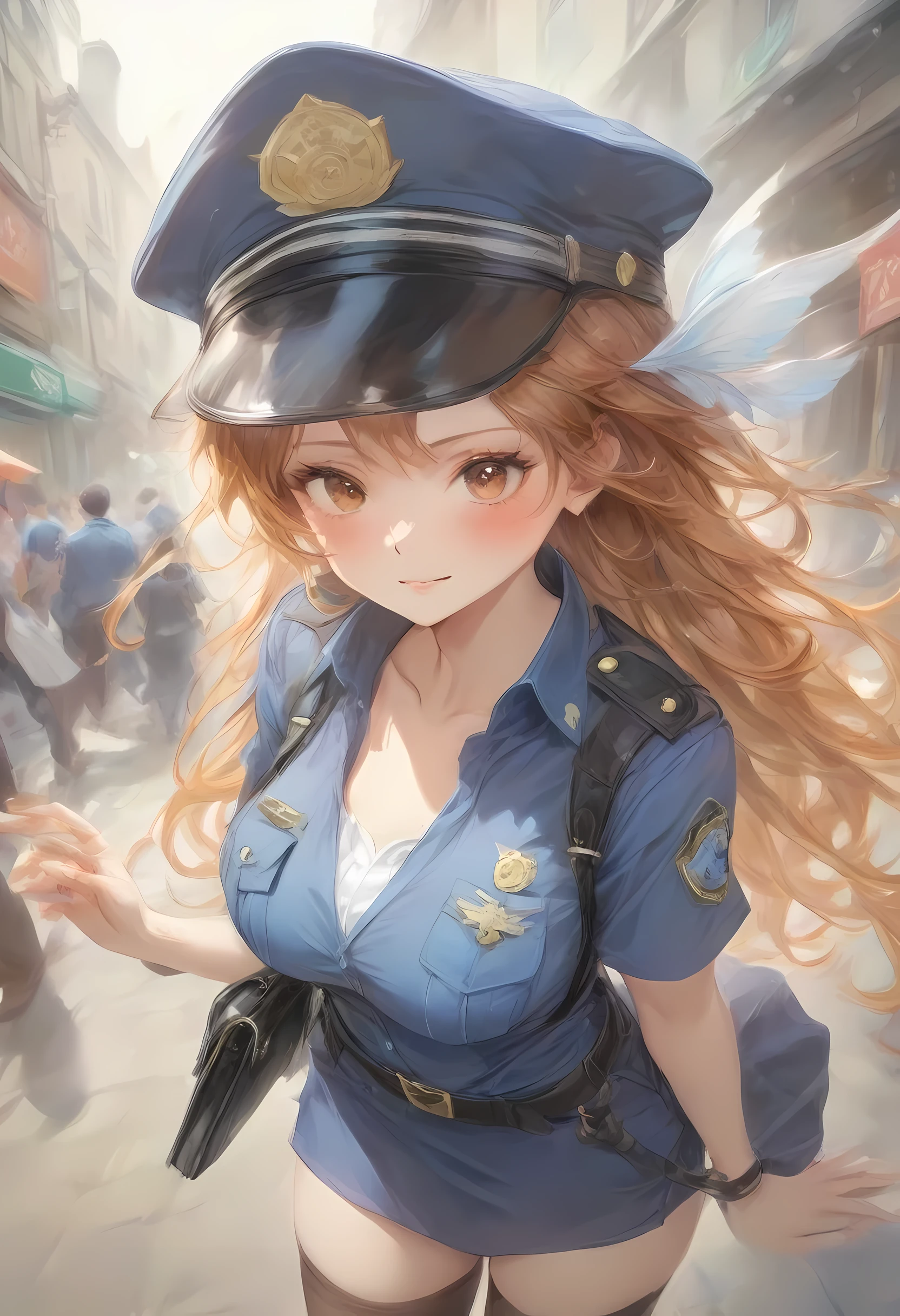 masterpiece, best quality, very aesthetic, absurdres, full body shot,(police costume:1.3), (button gap:0), police skirt, police cap, stockings with garter, on the crowed street, spirit of the wind, 1girl, nami \(one piece\), one piece