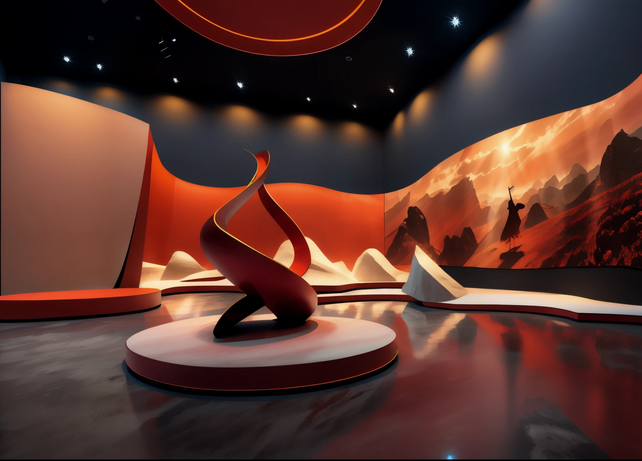 Immersive art exhibition design, virtual reality experience China, 3D showroom with red elements, white and orange mountains, LED screens, snow images, stainless steel, sculptures, intertwined ribbons Flooring, round stone, multi-layered light and shadow effects were used to render the scene. The whole scene is full of historical atmosphere and solemnity. Surrealism, Unreal Engine 5
