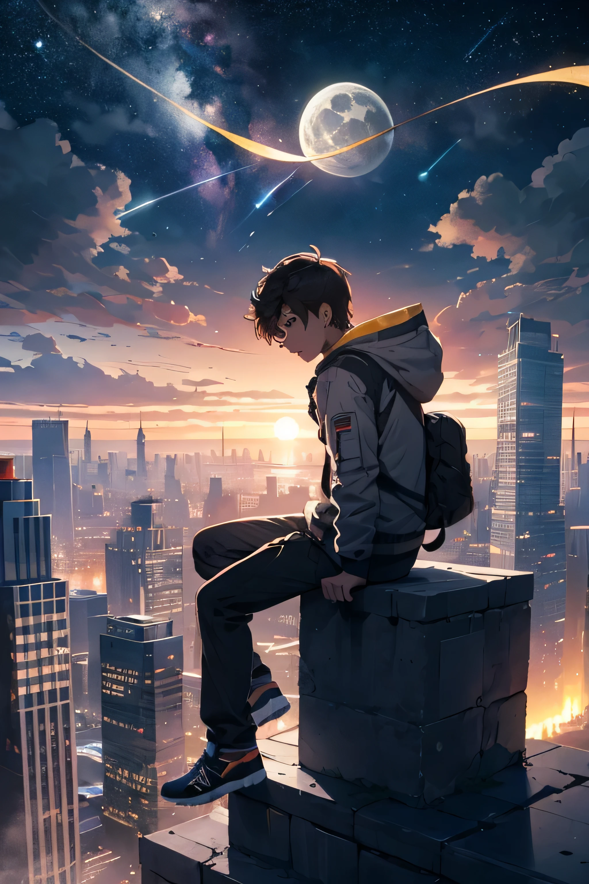 ridiculous resolution, high resolution, (masterpiece:1.4), super detailed, 1boy,sitting,look at the sky,city,building,landscape,milky way,moon,meteor,sunrise,cloud, seen from above, space, floating, --v 6