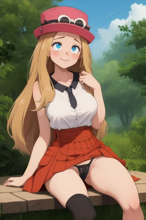 Packing Serena, 1 girl, alone, blue eyes, blonde hair, long hair, low-tied long hair, have, pink hat,, black stockings,Red skirt smile,closed mouth,cowboy shot,sitting,
forest,outdoor,
(very detailed, Beautiful and dense face, masterpiece, highest quality) cinematic lighting,、、black bra、Black twine.Hand in panties、opelegs wide