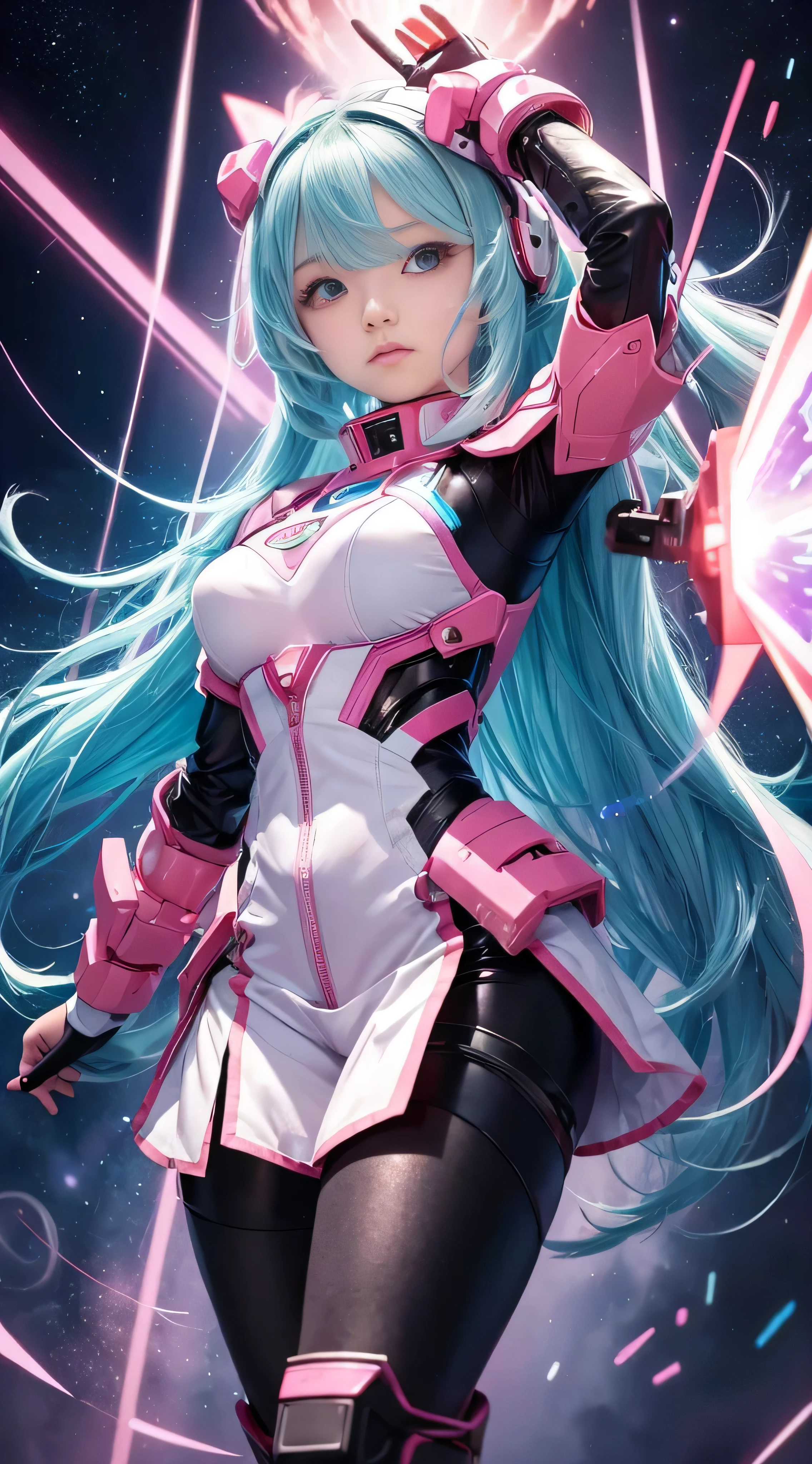 RAW image quality, One super cute girl is wearing a pink jacket armor, mechanical wing, space war background, Rainbow Aura Body, supernova power, light blue hair, red eyes, perfect body, sexy, neon glow, Shooting Beam Cannon, sad mood, very detailed, combat readiness, mecha musume, fine eyes, detailed face,