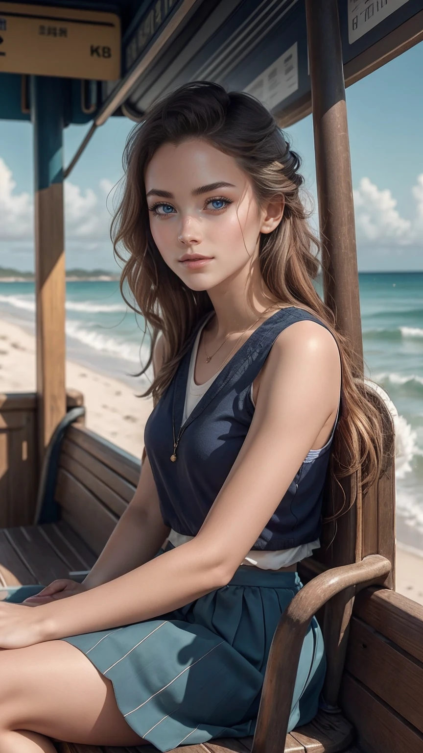 ((最high quality, 8K, masterpiece: 1.3, Ultra HD, high quality, 最high quality, High resolution, realism)) 、An extremely beautiful 18-year-old Japanese woman、hair color is black、black eye、medium hair、straight hair、smile、Slender but well-proportioned muscular body、Athlete-like body type、I don't want my head to disappear from the screen.、Walk on a high seawall at the beach、I put my hand on my forehead and look at the sea、The blue sky is beautiful、There is an entrance cloud、It's summer、sailor suit((summer clothes))wear、Wear a navy blue pleated skirt、wear loafers、There is a bus stop that looks like a hut on the coastline road where you can see the ocean.、Sit on a bench at the bus stop、The sea breeze feels good