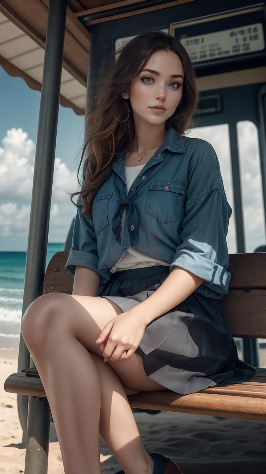 ((最high quality, 8K, masterpiece: 1.3, Ultra HD, high quality, 最high quality, High resolution, realism)) 、An extremely beautiful 18-year-old Japanese woman、hair color is black、black eye、medium hair、straight hair、smile、Slender but well-proportioned muscular body、Athlete-like body type、I don't want my head to disappear from the screen.、Walk on a high seawall at the beach、I put my hand on my forehead and look at the sea、The blue sky is beautiful、There is an entrance cloud、It's summer、sailor suit((summer clothes))wear、Wear a navy blue pleated skirt、wear loafers、There is a bus stop that looks like a hut on the coastline road where you can see the ocean.、Sit on a bench at the bus stop、The sea breeze feels good