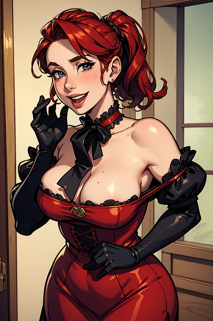 A sexy/cute dickensian lady sweet/wholesome skinney , Traditional/conservative dress. Exudes love, conservative values. Thick Red hair. elegant dickensian dress. , fair-skinned woman, view viewer, Face Madura, Delicate gloves,, attractive look, impressive woman, romantic mood. Excited, happy, smileing, laughing.. Prudishly dressed.