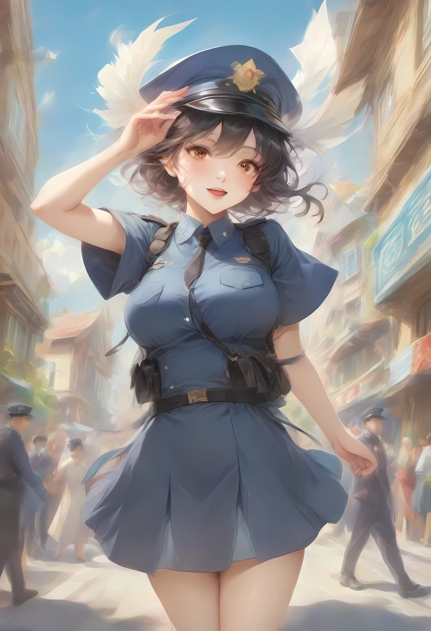 masterpiece, best quality, very aesthetic, absurdres, full body shot,(police costume:1.3), (button gap:0), police skirt, police cap, stockings with garter, on the crowed street, spirit of the wind, 1girl, senketsu, kill la kill