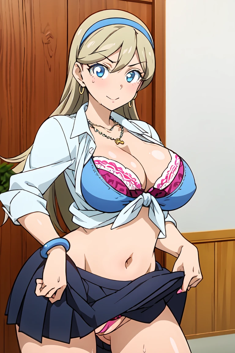 masterpiece, best quality, kumashiro maya, 1girl, solo, breasts, cleavage, long hair, white headband, parted bangs, blue eyes, looking at viewer, sweat, large breasts, collared shirt, tied shirt, pleated skirt, flashy gyaru, happy, showy,too many accessories, colorful , kogal, kogal gyaru, necklace, earrings, bracelet, bra,  handbag, (skirt lift:1.2),  (cameltoe), navel, midriff, (makeup)