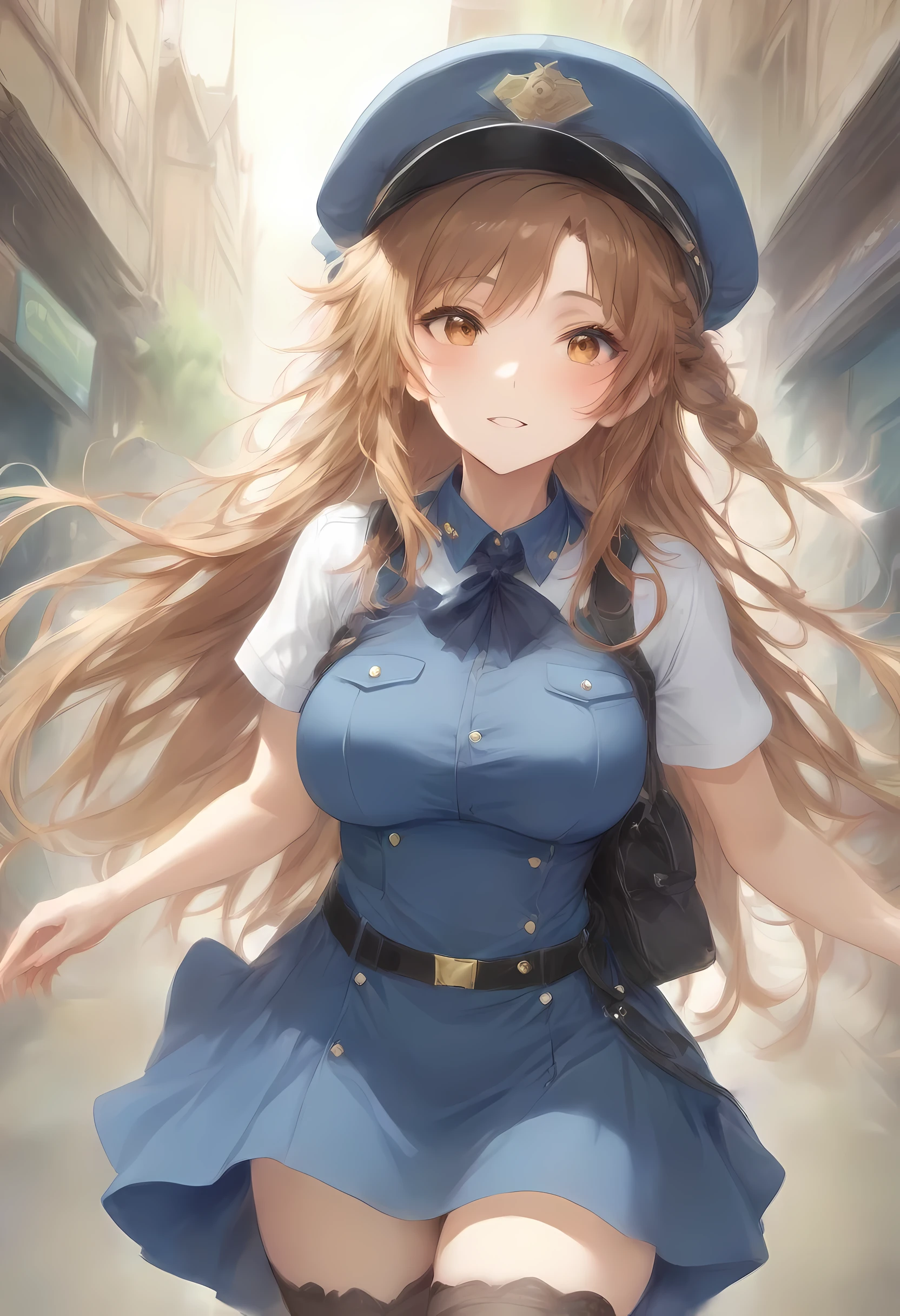 masterpiece, best quality, very aesthetic, absurdres, full body shot,(police costume:1.3), (button gap:0), police skirt, police cap, stockings with garter, on the crowed street, spirit of the wind, 1girl, asuna \(sao\), sword art online