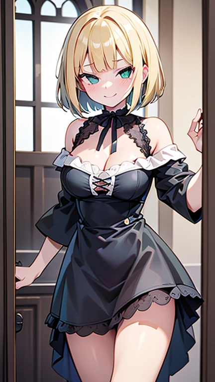 ((highest quality)), ((masterpiece)), (become familiar with), perfect face,blonde,short hair,grated bangs,eyes without highlights,Desaturated dark green eyes,Drooping eyes,grinning,look down,black choker,tall,big breasts,Rubbing your chest with selfie,off shoulder knit,black panties,black pumps,slender,19 years old,Show the whole body,Reflection to the toes,Bedroom,