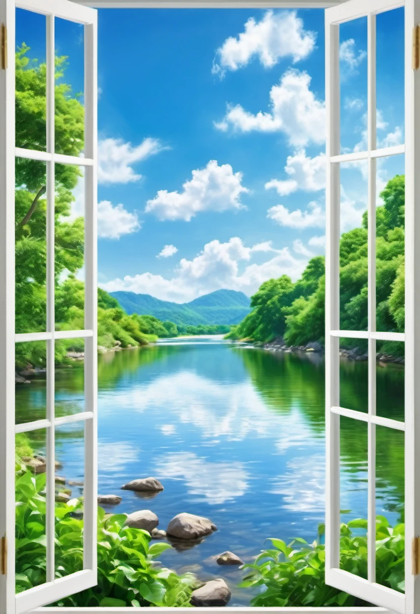 (best quality,realistic,photorealistic:1.37),ultra-detailed,beautiful landscape outside the window,green lush trees,peaceful flowing river,bright blue sky,fluffy white clouds,calming sunlight,gentle breeze,serene atmosphere,window frame,crystal-clear glass,clear view,tranquil scene,harmony of nature,fresh air,relaxing ambiance,vivid colors,natural beauty