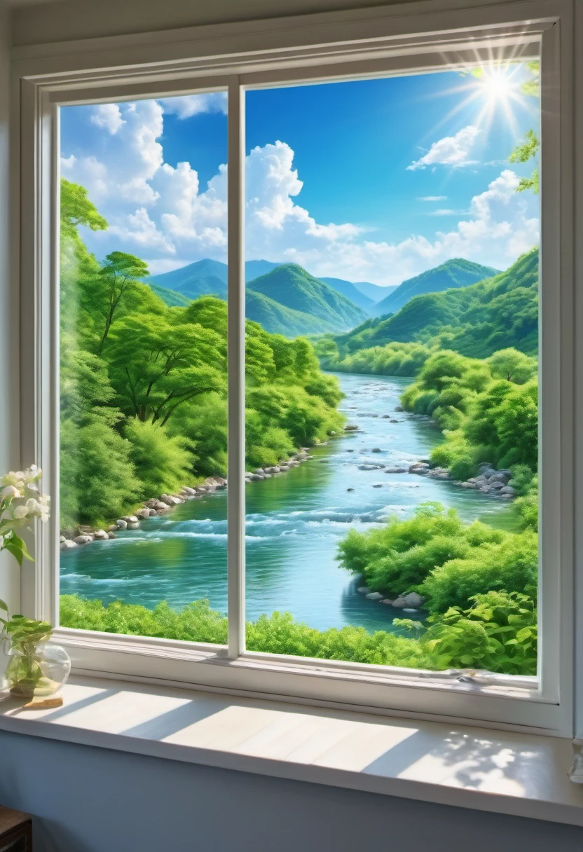 (best quality,realistic,photorealistic:1.37),ultra-detailed,beautiful landscape outside the window,green lush trees,peaceful flowing river,bright blue sky,fluffy white clouds,calming sunlight,gentle breeze,serene atmosphere,window frame,crystal-clear glass,clear view,tranquil scene,harmony of nature,fresh air,relaxing ambiance,vivid colors,natural beauty