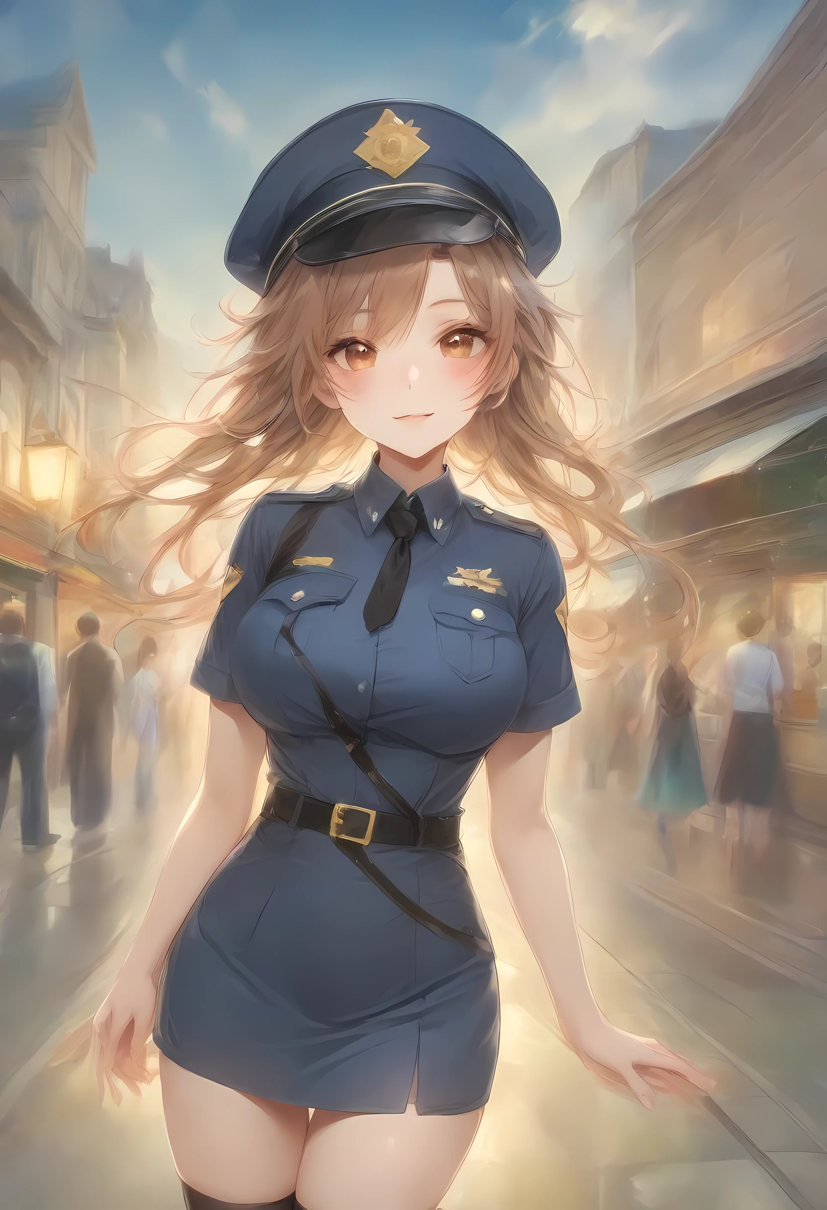 masterpiece, best quality, very aesthetic, absurdres, full body shot,(police costume:1.3), (button gap:0), police skirt, police cap, stockings with garter, on the crowed street, spirit of the wind, 1girl, asuna \(sao\), sword art online