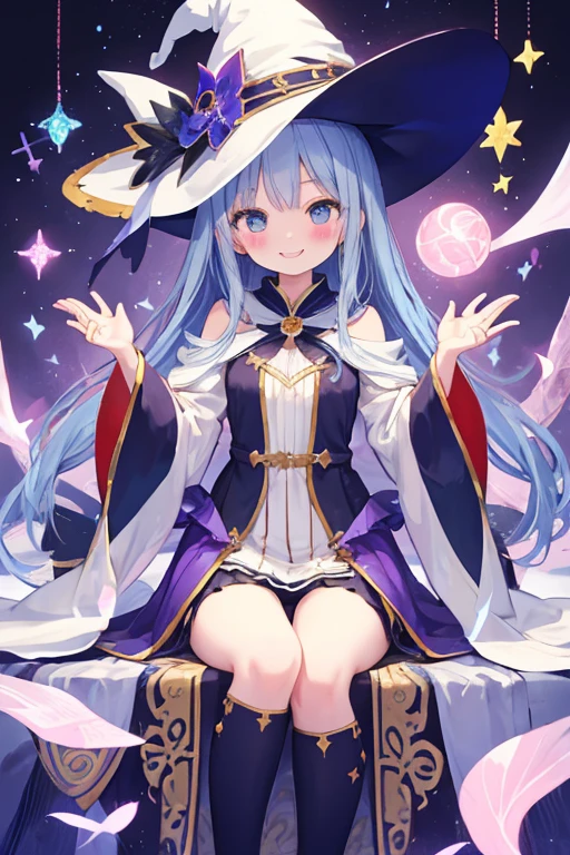 beautiful illustrations, highest quality, pretty girl,beautiful girl、clear face、 half girl、pastel colour 、smile、blush、にこやかなsmile、thighs、perfect hands、five fingers、witch、magic、fantasy、fantasy、blue hair、straight hair