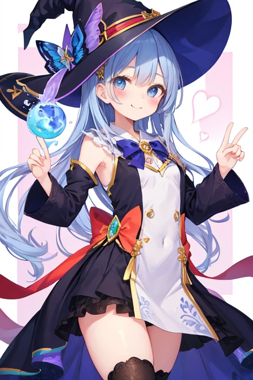 beautiful illustrations, highest quality, pretty girl,beautiful girl、clear face、 half girl、pastel colour 、smile、blush、にこやかなsmile、thighs、perfect hands、five fingers、witch、magic、fantasy、fantasy、blue hair、straight hair