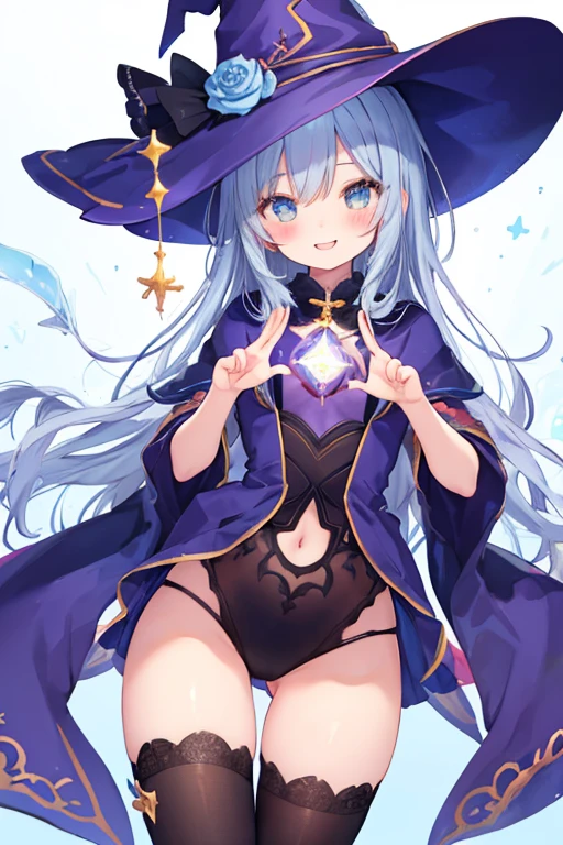 beautiful illustrations, highest quality, pretty girl,beautiful girl、clear face、 half girl、pastel colour 、smile、blush、にこやかなsmile、thighs、perfect hands、five fingers、witch、magic、fantasy、fantasy、blue hair、straight hair