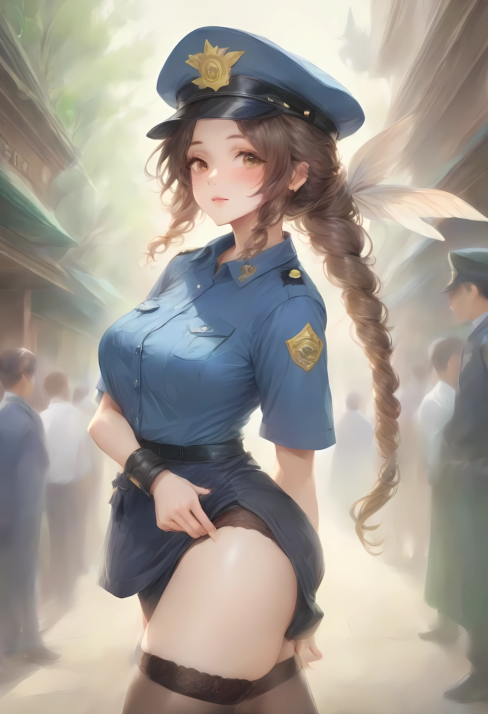 masterpiece, best quality, very aesthetic, absurdres, full body shot,(police costume:1.3), (button gap:0), police skirt, police cap, stockings with garter, on the crowed street, spirit of the wind, 1girl, aerith gainsborough, final fantasy